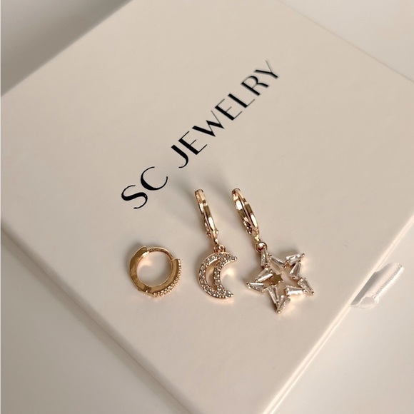 Star Moon Hoop Earrings Trio Earrings 18k Gold Plated Luxury Jewelry - Picture 5 of 9